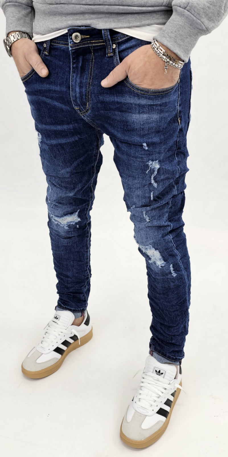 Jeans denim uomo Slim fit elasticizzati strech con strappi toppe blu 051