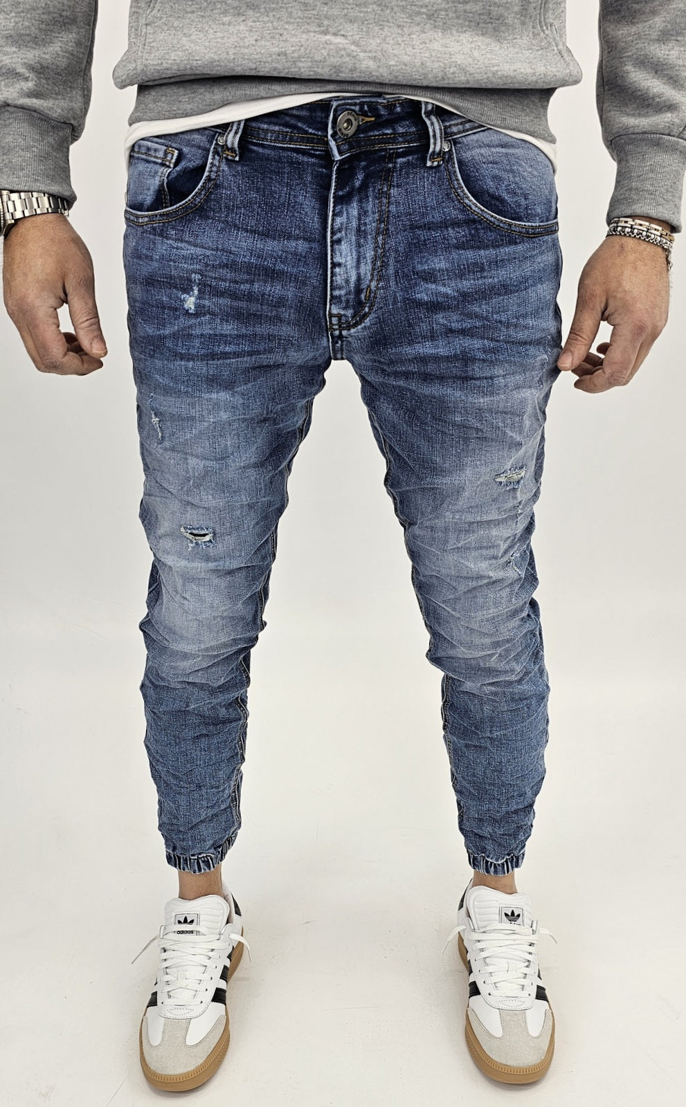Jeans denim uomo Slim fit caviglie a molla elasticizzati strech con strappi 161