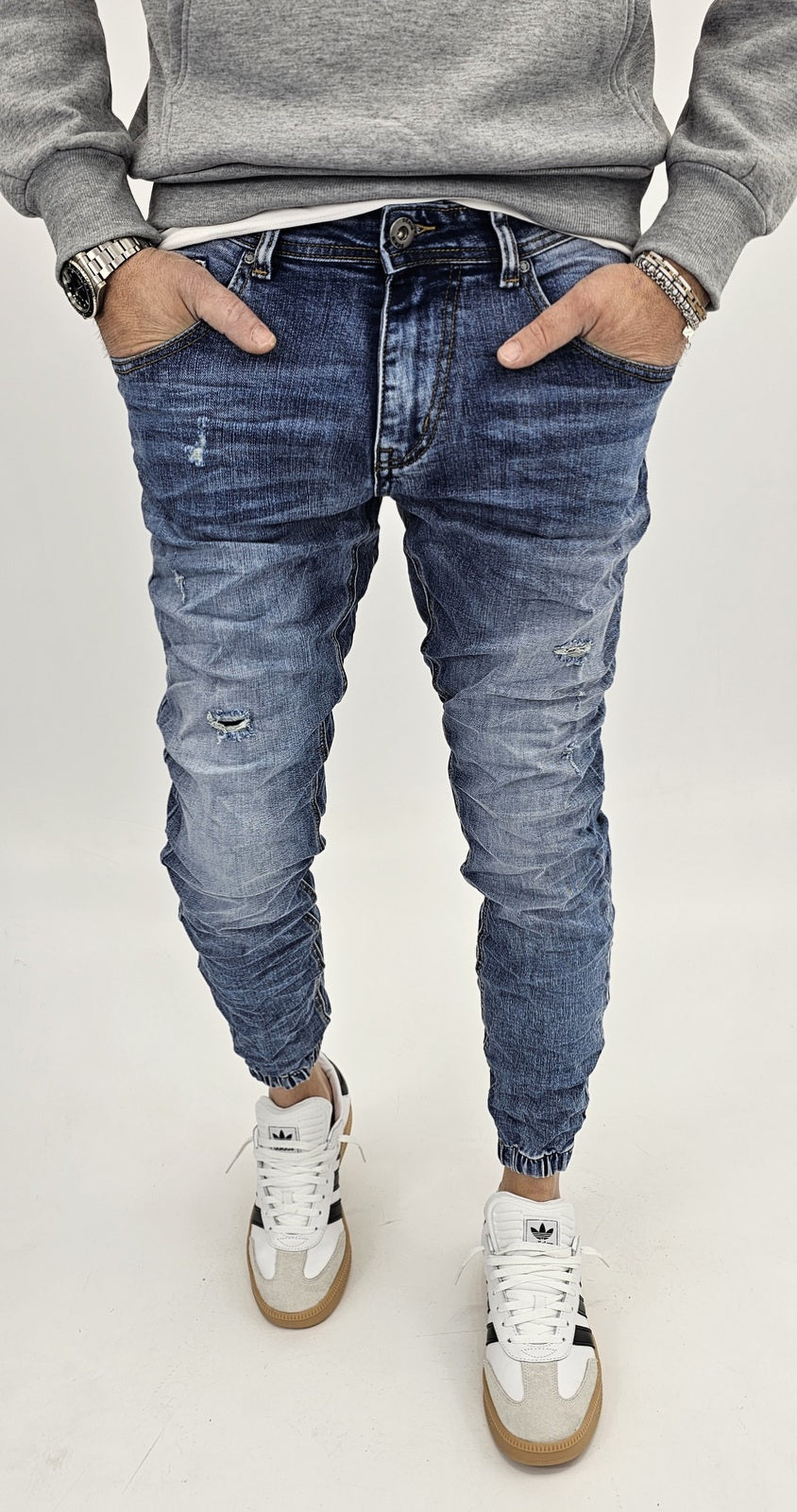 Jeans denim uomo Slim fit caviglie a molla elasticizzati strech con strappi 161