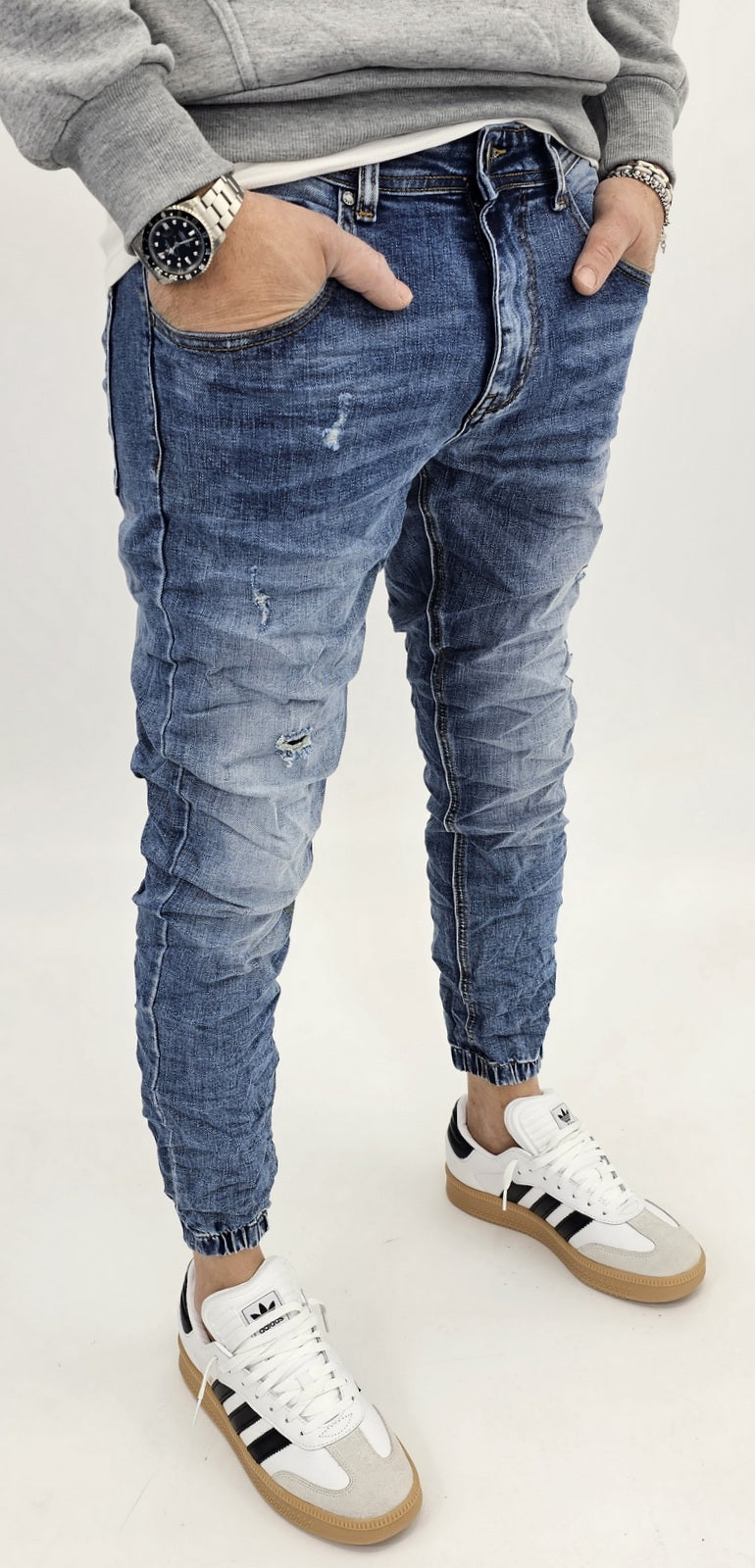 Jeans denim uomo Slim fit caviglie a molla elasticizzati strech con strappi 161