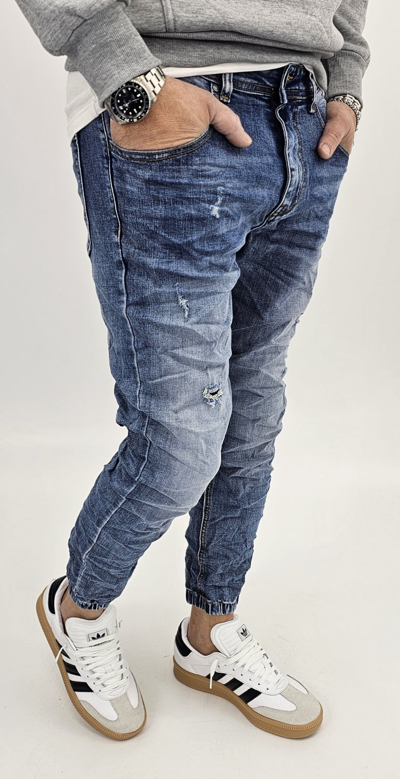 Jeans denim uomo Slim fit caviglie a molla elasticizzati strech con strappi 161