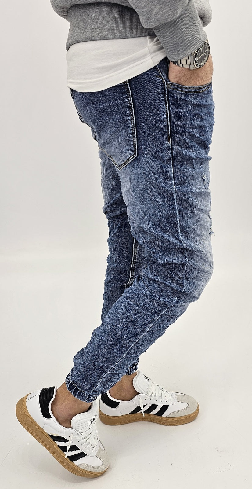 Jeans denim uomo Slim fit caviglie a molla elasticizzati strech con strappi 161