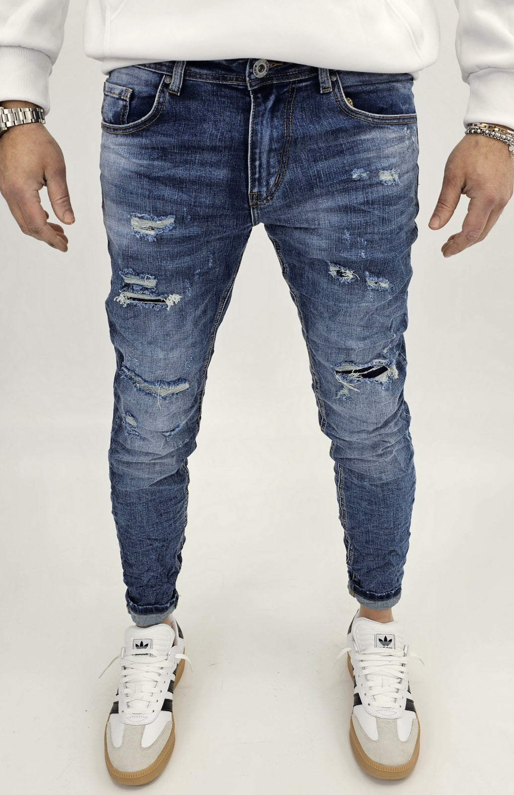 Jeans denim uomo Slim fit elasticizzati strech con strappi toppe blu sfumato 134