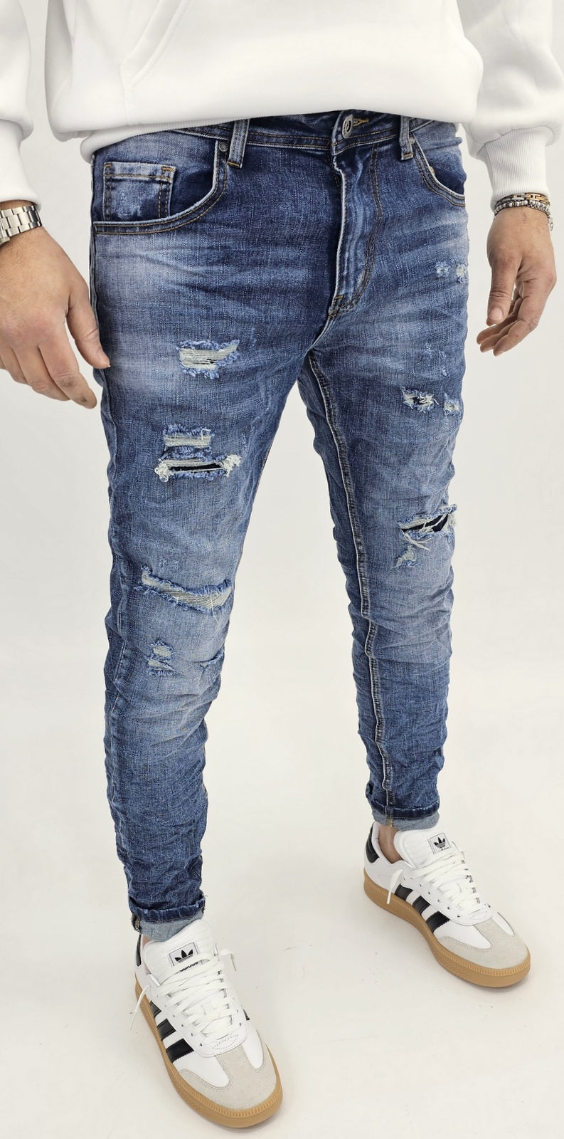 Jeans denim uomo Slim fit elasticizzati strech con strappi toppe blu sfumato 134