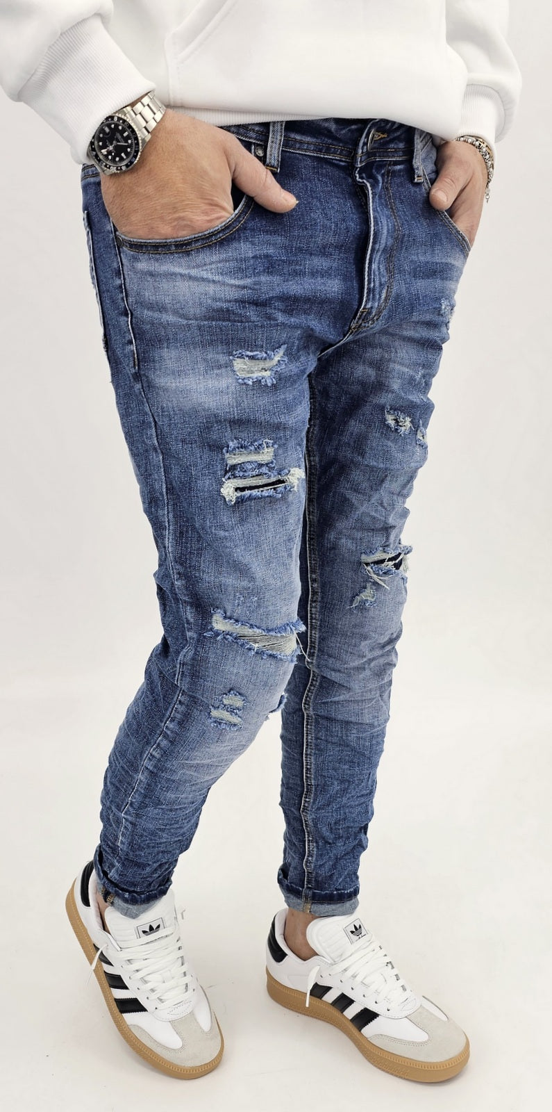 Jeans denim uomo Slim fit elasticizzati strech con strappi toppe blu sfumato 134