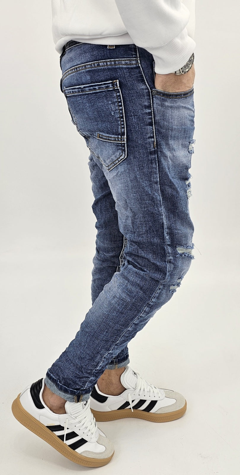 Jeans denim uomo Slim fit elasticizzati strech con strappi toppe blu sfumato 134