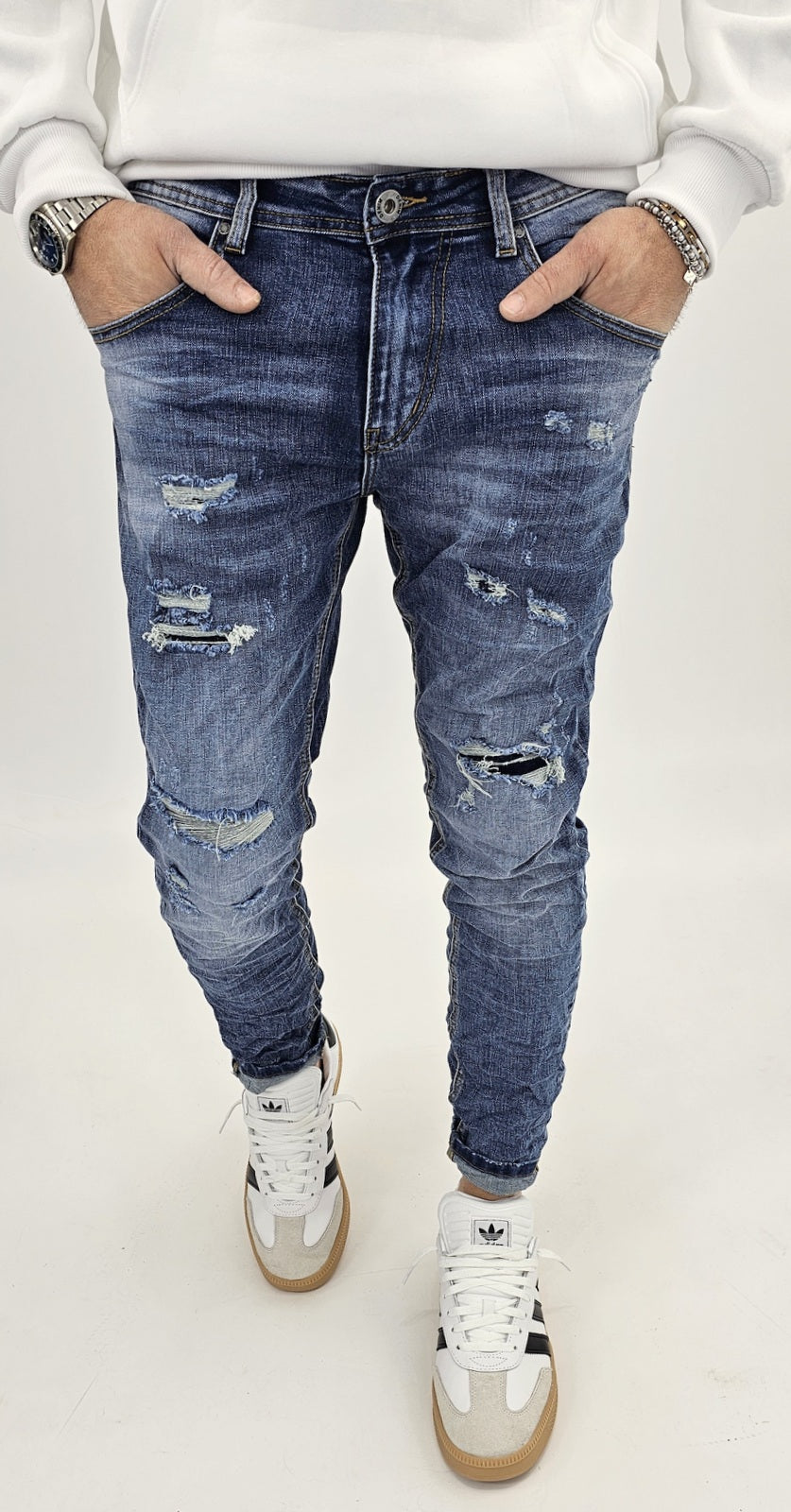 Jeans denim uomo Slim fit elasticizzati strech con strappi toppe blu sfumato 134