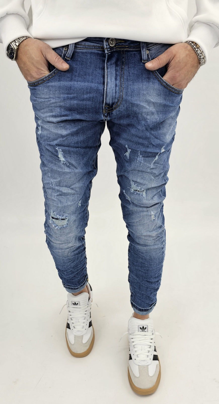 Jeans denim uomo Slim fit elasticizzati strech con strappi toppe blu sfumato 803
