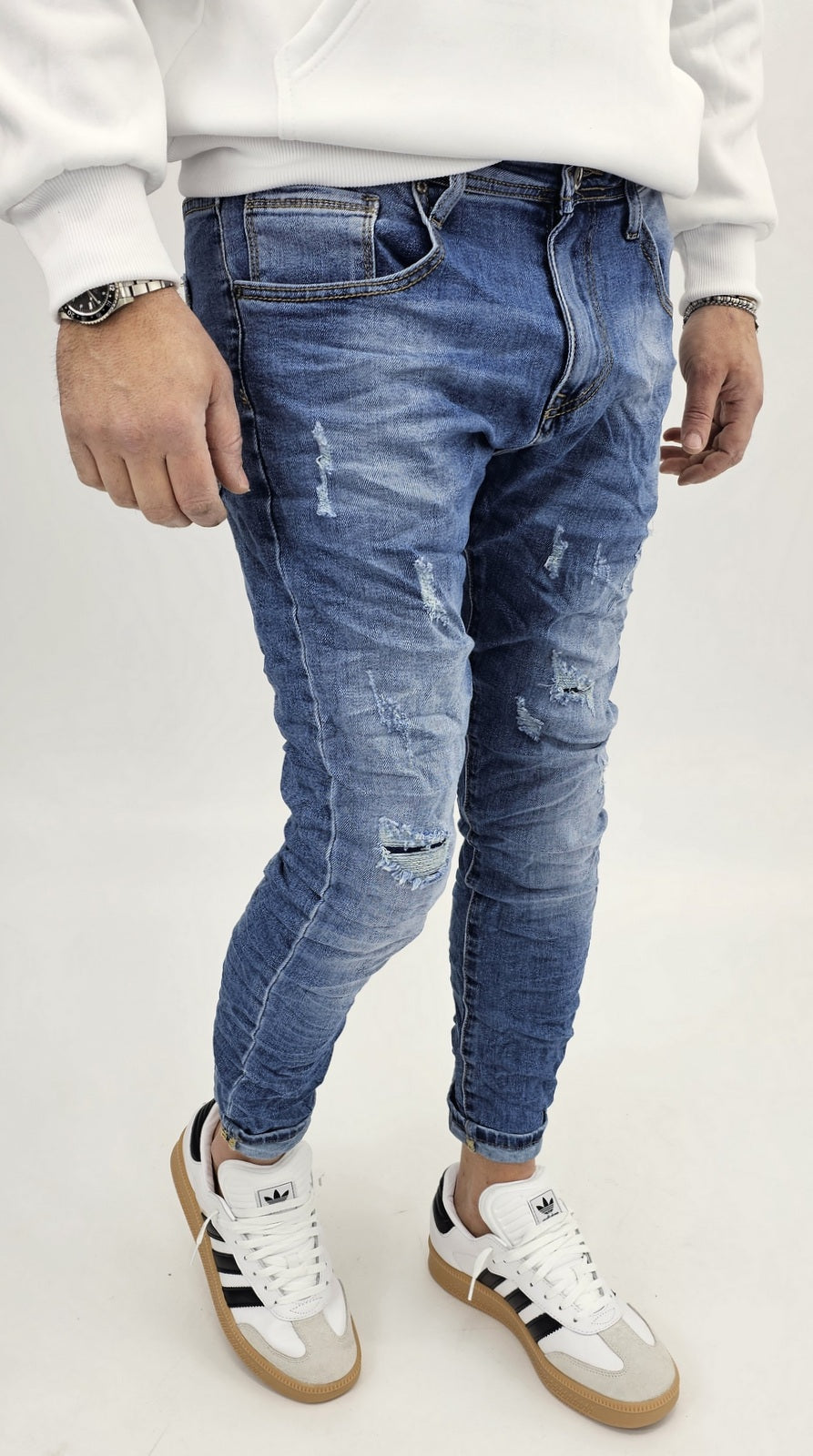 Jeans denim uomo Slim fit elasticizzati strech con strappi toppe blu sfumato 803