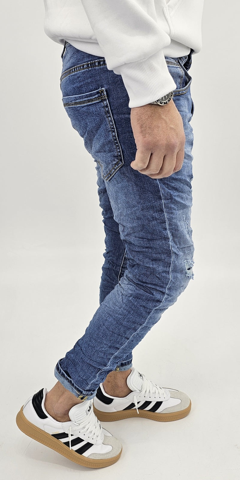 Jeans denim uomo Slim fit elasticizzati strech con strappi toppe blu sfumato 803