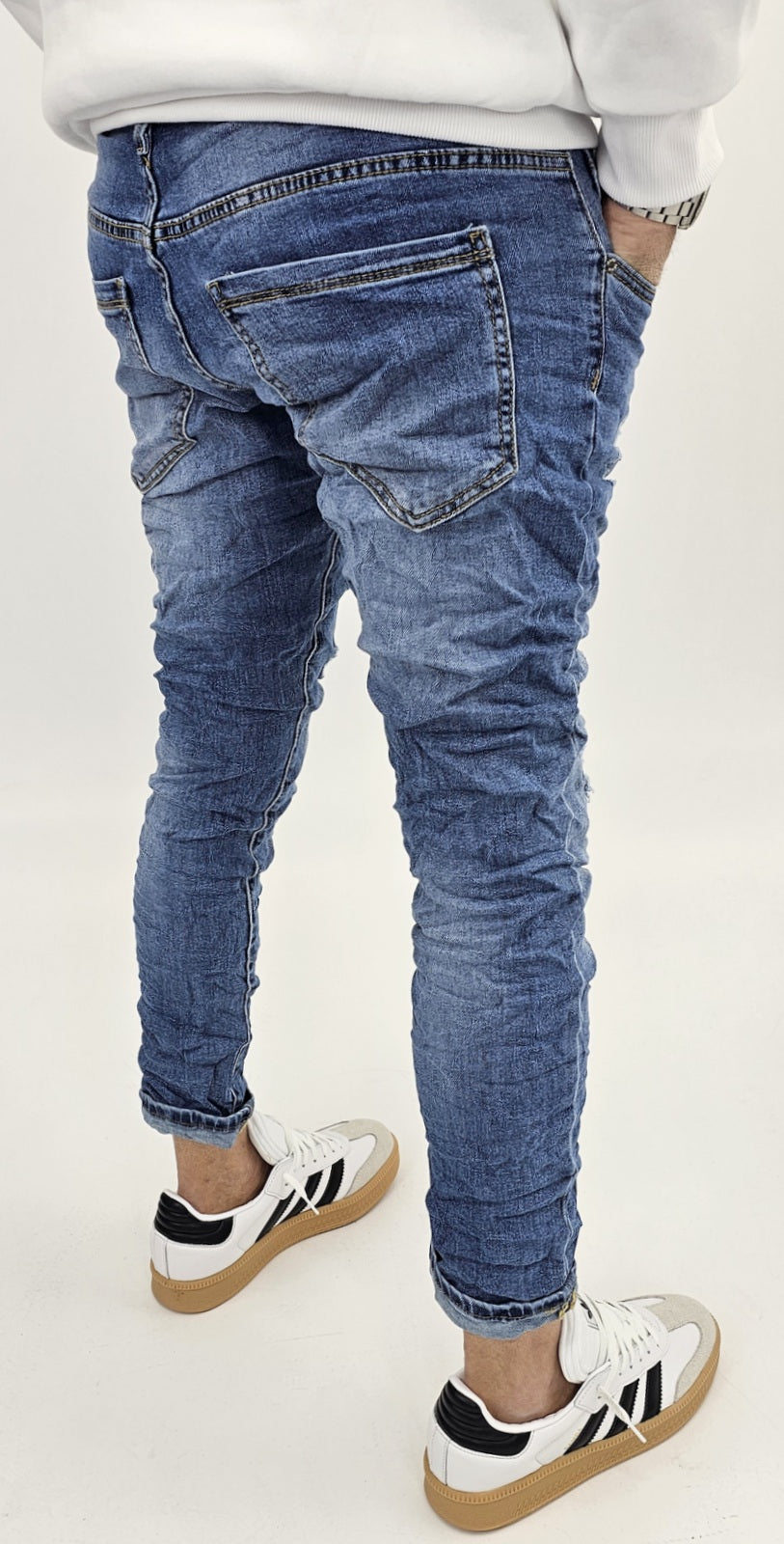 Jeans denim uomo Slim fit elasticizzati strech con strappi toppe blu sfumato 803