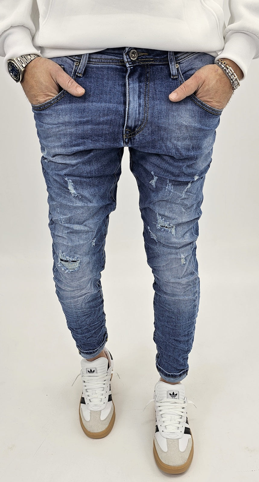 Jeans denim uomo Slim fit elasticizzati strech con strappi toppe blu sfumato 803