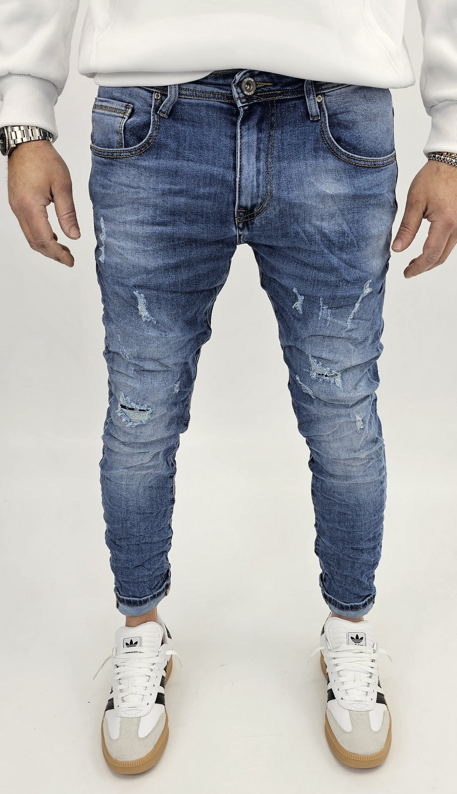 Jeans denim uomo Slim fit elasticizzati strech con strappi toppe blu sfumato 803