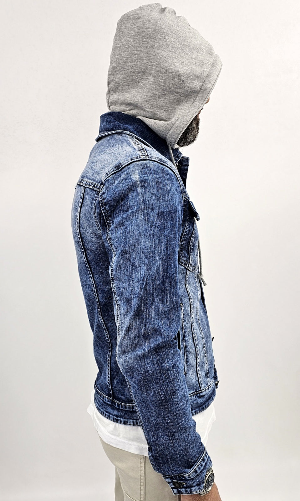 Giubbino di Jeans uomo Blu denim a manica Lunga slim cappuccio felpa estraibile