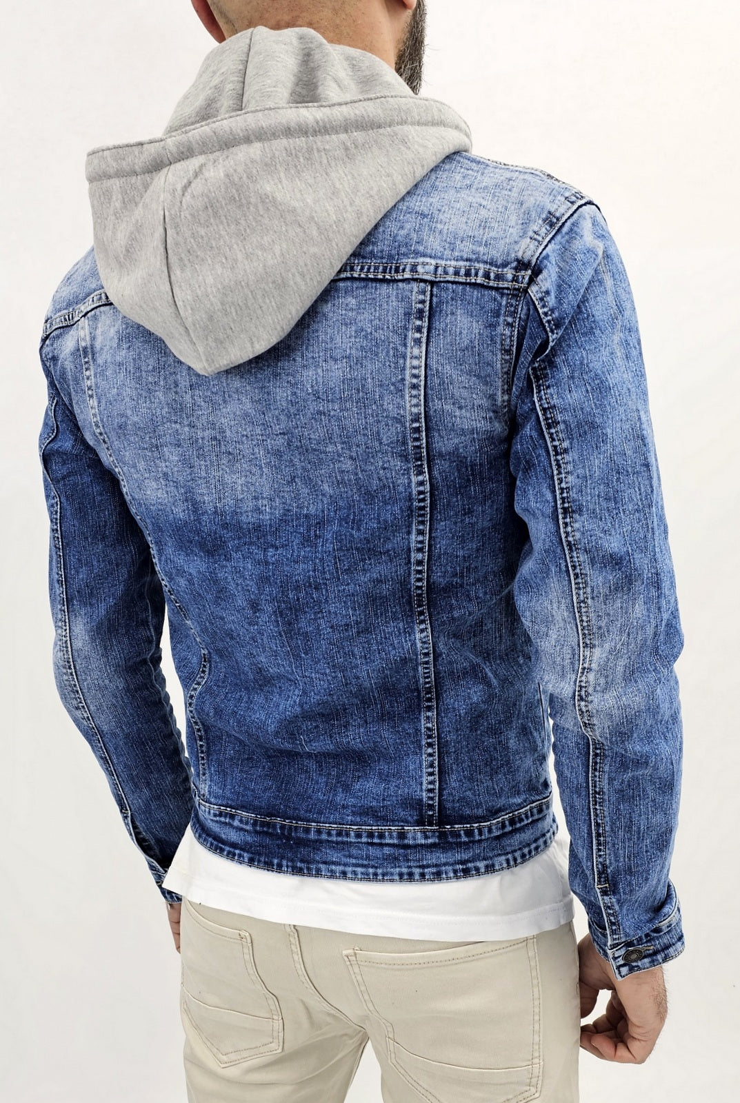 Giubbino di Jeans uomo Blu denim a manica Lunga slim cappuccio felpa estraibile