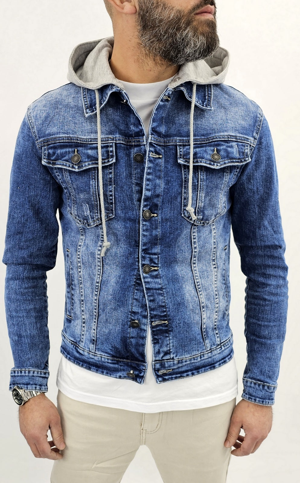 Giubbino di Jeans uomo Blu denim a manica Lunga slim cappuccio felpa estraibile
