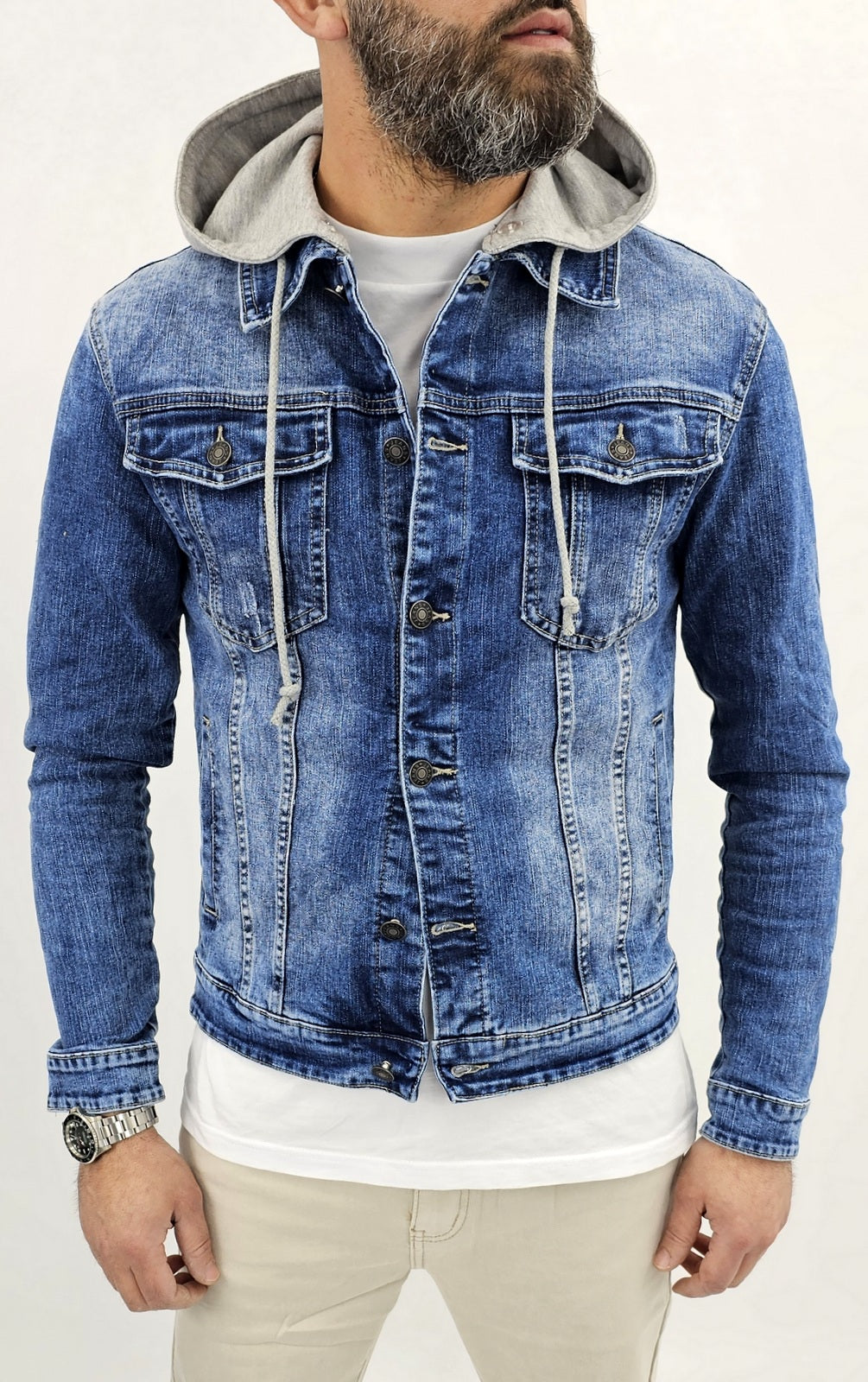 Giubbino di Jeans uomo Blu denim a manica Lunga slim cappuccio felpa estraibile