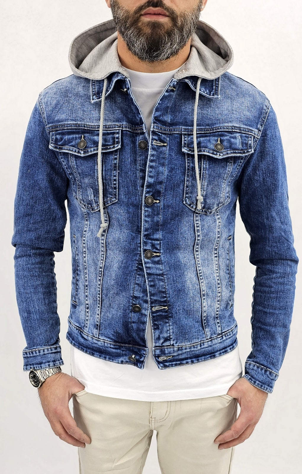 Giubbino di Jeans uomo Blu denim a manica Lunga slim cappuccio felpa estraibile