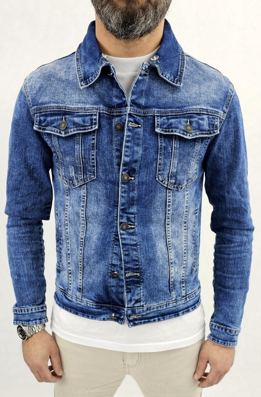 Giubbino di Jeans uomo Blu denim a manica Lunga slim cappuccio felpa estraibile