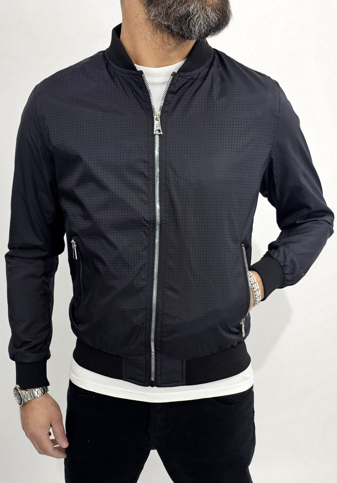 Giubbino uomo Bomber traforato Foderato Nero leggero s,m,l,xl