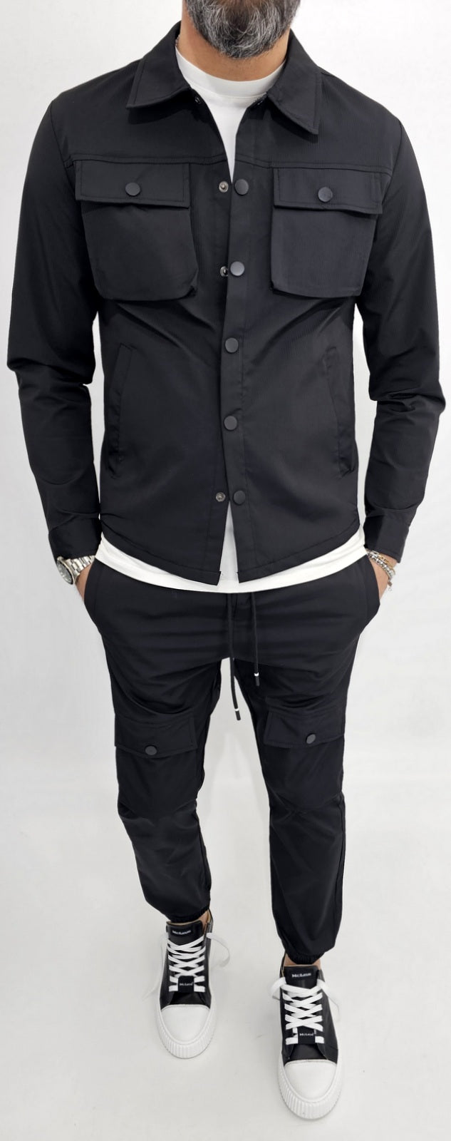 Tuta Completo Uomo cargo rigato tech Pantalone camicia nero sport tasche s,m,l,xl