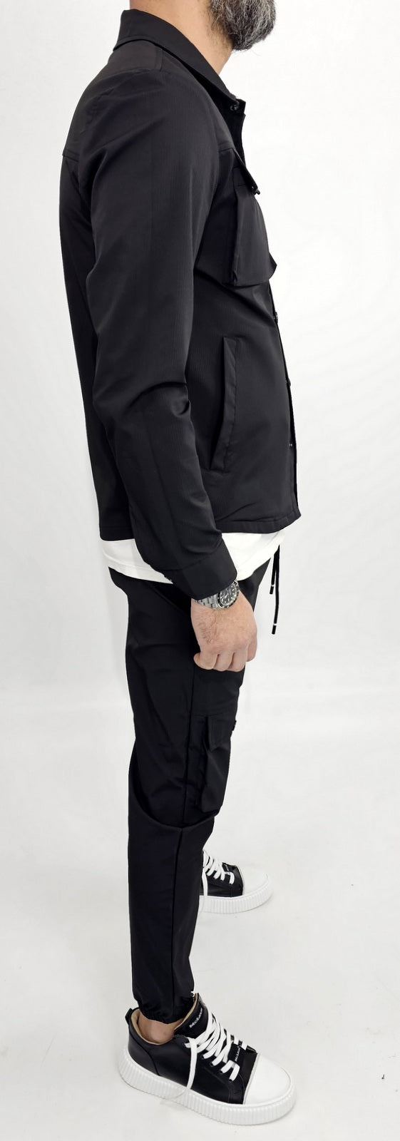 Tuta Completo Uomo cargo rigato tech Pantalone camicia nero sport tasche s,m,l,xl