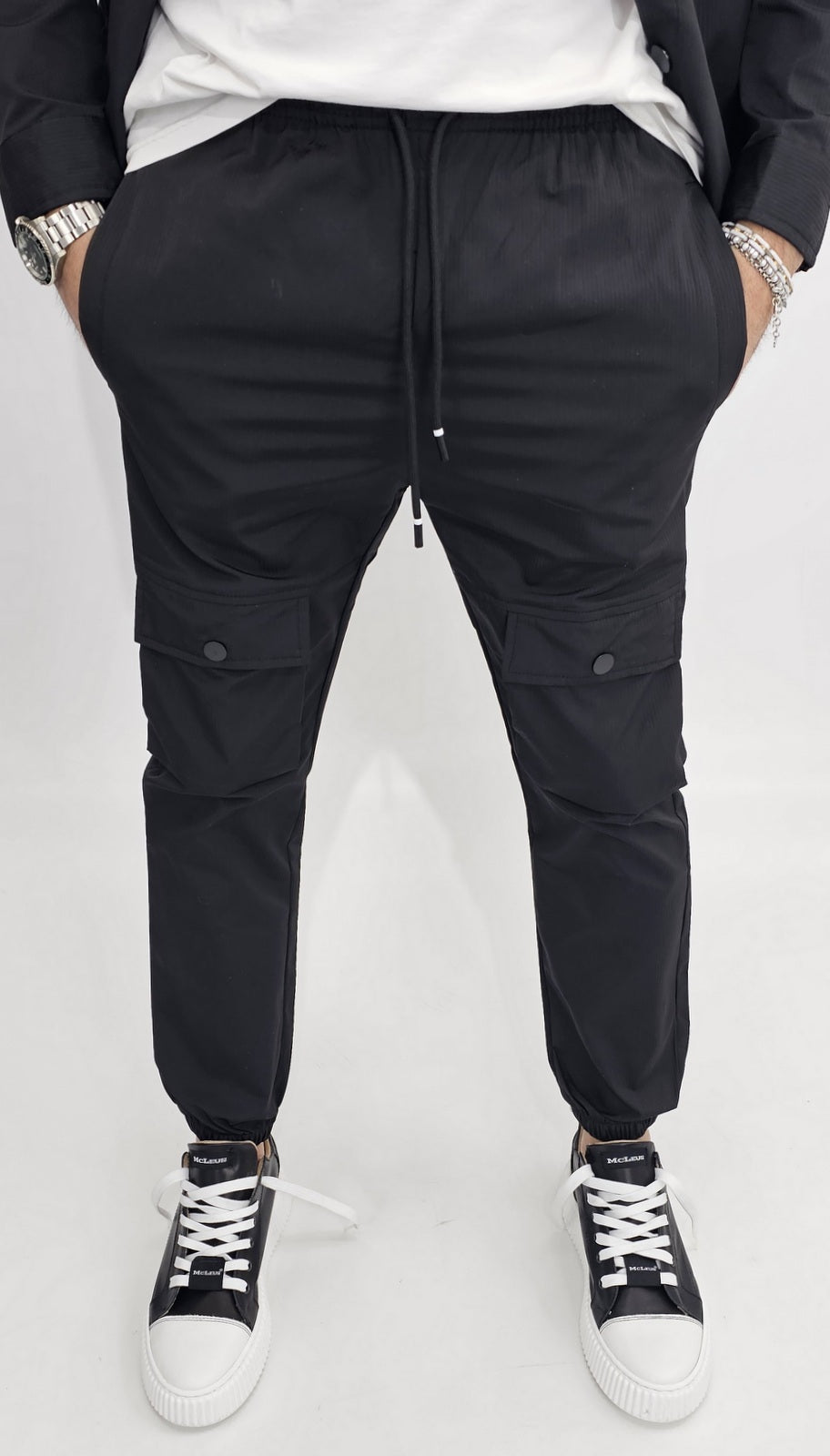 Tuta Completo Uomo cargo rigato tech Pantalone camicia nero sport tasche s,m,l,xl