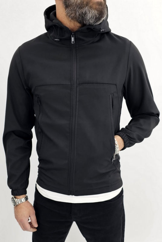 Giubbino uomo primaverile Cappuccio tech nero/grigio/verde