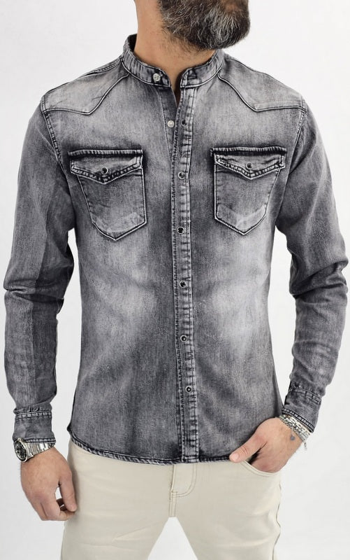 Camicia di Jeans uomo coreana nero sfumata denim a manica Lunga slim madreperla elastica