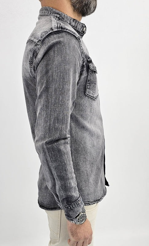 Camicia di Jeans uomo coreana nero sfumata denim a manica Lunga slim madreperla elastica