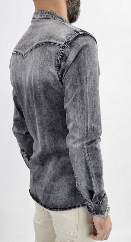 Camicia di Jeans uomo coreana nero sfumata denim a manica Lunga slim madreperla elastica