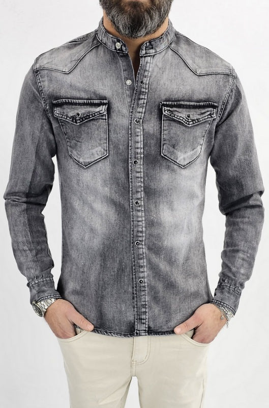 Camicia di Jeans uomo coreana nero sfumata denim a manica Lunga slim madreperla elastica
