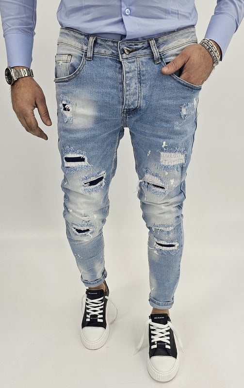 Jeans Denim Pantaloni cotone Uomo Slim Elasticizzati Con Strappi toppe blu slim