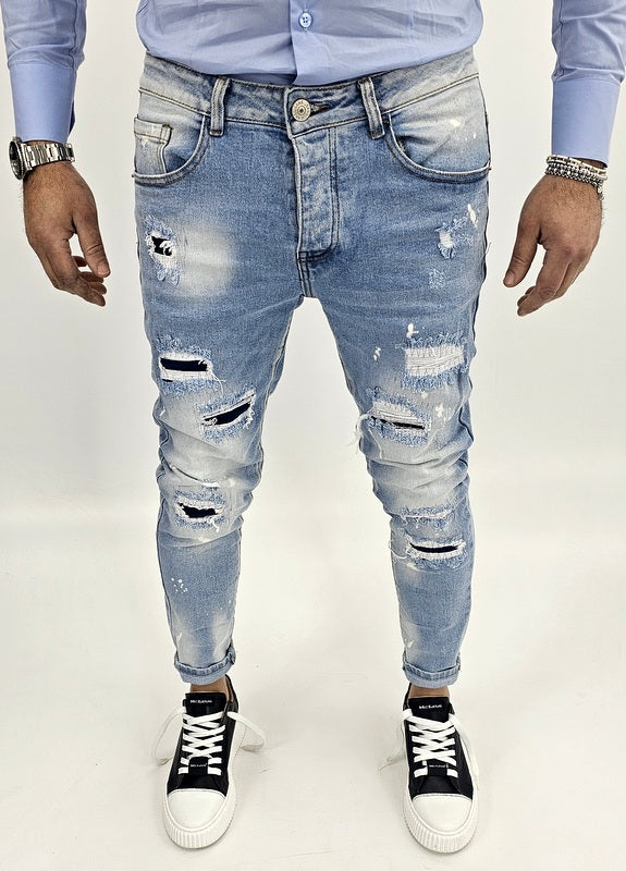 Jeans Denim Pantaloni cotone Uomo Slim Elasticizzati Con Strappi toppe blu slim
