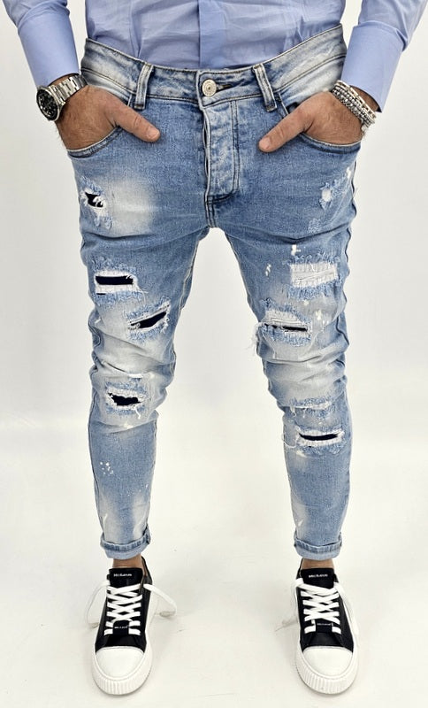 Jeans Denim Pantaloni cotone Uomo Slim Elasticizzati Con Strappi toppe blu slim