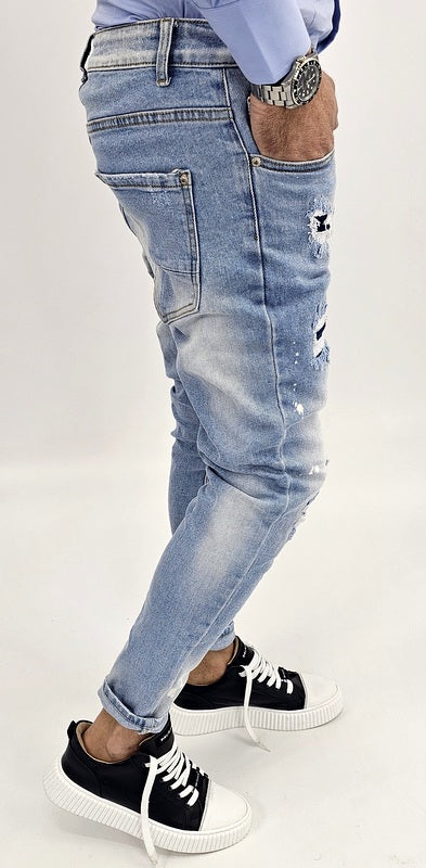 Jeans Denim Pantaloni cotone Uomo Slim Elasticizzati Con Strappi toppe blu slim