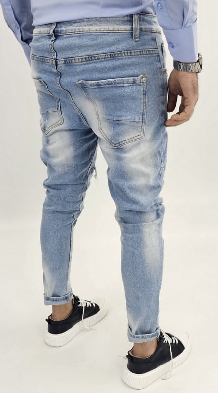 Jeans Denim Pantaloni cotone Uomo Slim Elasticizzati Con Strappi toppe blu slim