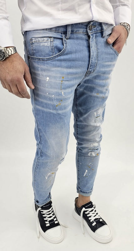 Jeans Denim Pantaloni cotone Uomo Slim Elasticizzati pittura Strappi toppe blu