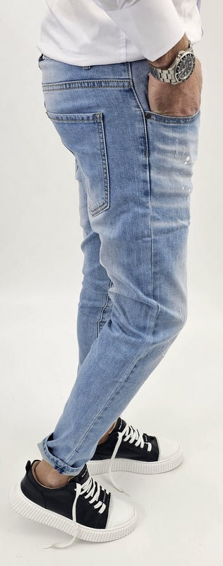 Jeans Denim Pantaloni cotone Uomo Slim Elasticizzati pittura Strappi toppe blu