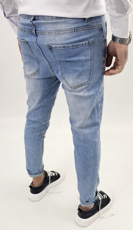 Jeans Denim Pantaloni cotone Uomo Slim Elasticizzati pittura Strappi toppe blu