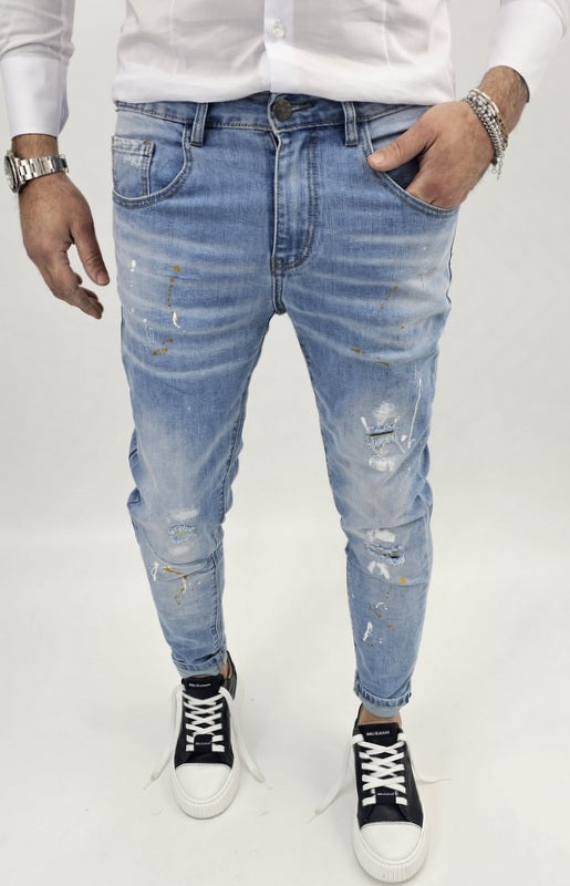 Jeans Denim Pantaloni cotone Uomo Slim Elasticizzati pittura Strappi toppe blu