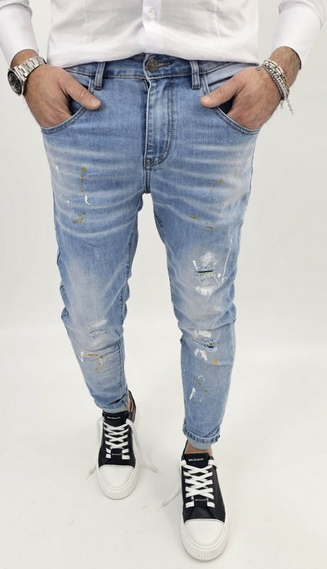 Jeans Denim Pantaloni cotone Uomo Slim Elasticizzati pittura Strappi toppe blu