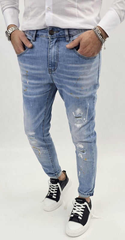 Jeans Denim Pantaloni cotone Uomo Slim Elasticizzati pittura Strappi toppe blu