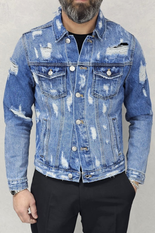 Giubbino di Jeans uomo Blu denim a manica Lunga strappi s,m,l,xl,xxl