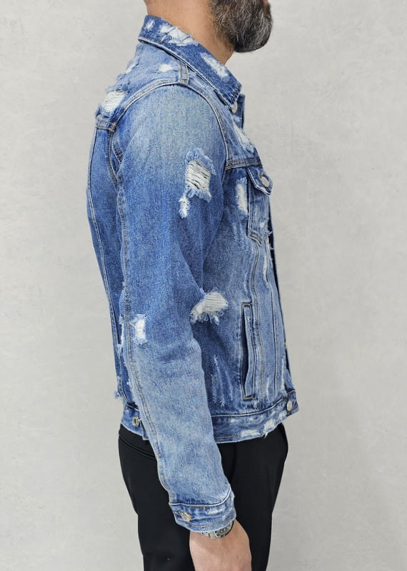 Giubbino di Jeans uomo Blu denim a manica Lunga strappi s,m,l,xl,xxl