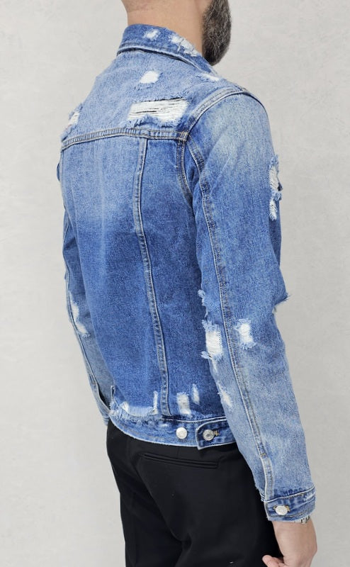 Giubbino di Jeans uomo Blu denim a manica Lunga strappi s,m,l,xl,xxl