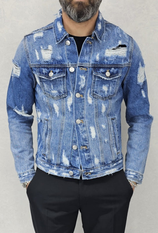 Giubbino di Jeans uomo Blu denim a manica Lunga strappi s,m,l,xl,xxl