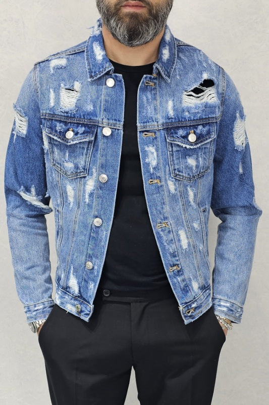 Giubbino di Jeans uomo Blu denim a manica Lunga strappi s,m,l,xl,xxl