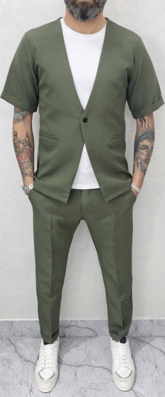 Abito uomo 1 bottone manica corta tessuto morbido giacca e pantalone italy s,m,l,xl,xxl