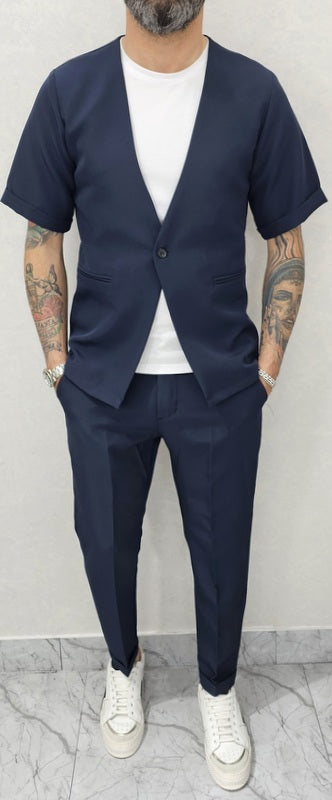 Abito uomo 1 bottone manica corta tessuto morbido giacca e pantalone italy s,m,l,xl,xxl